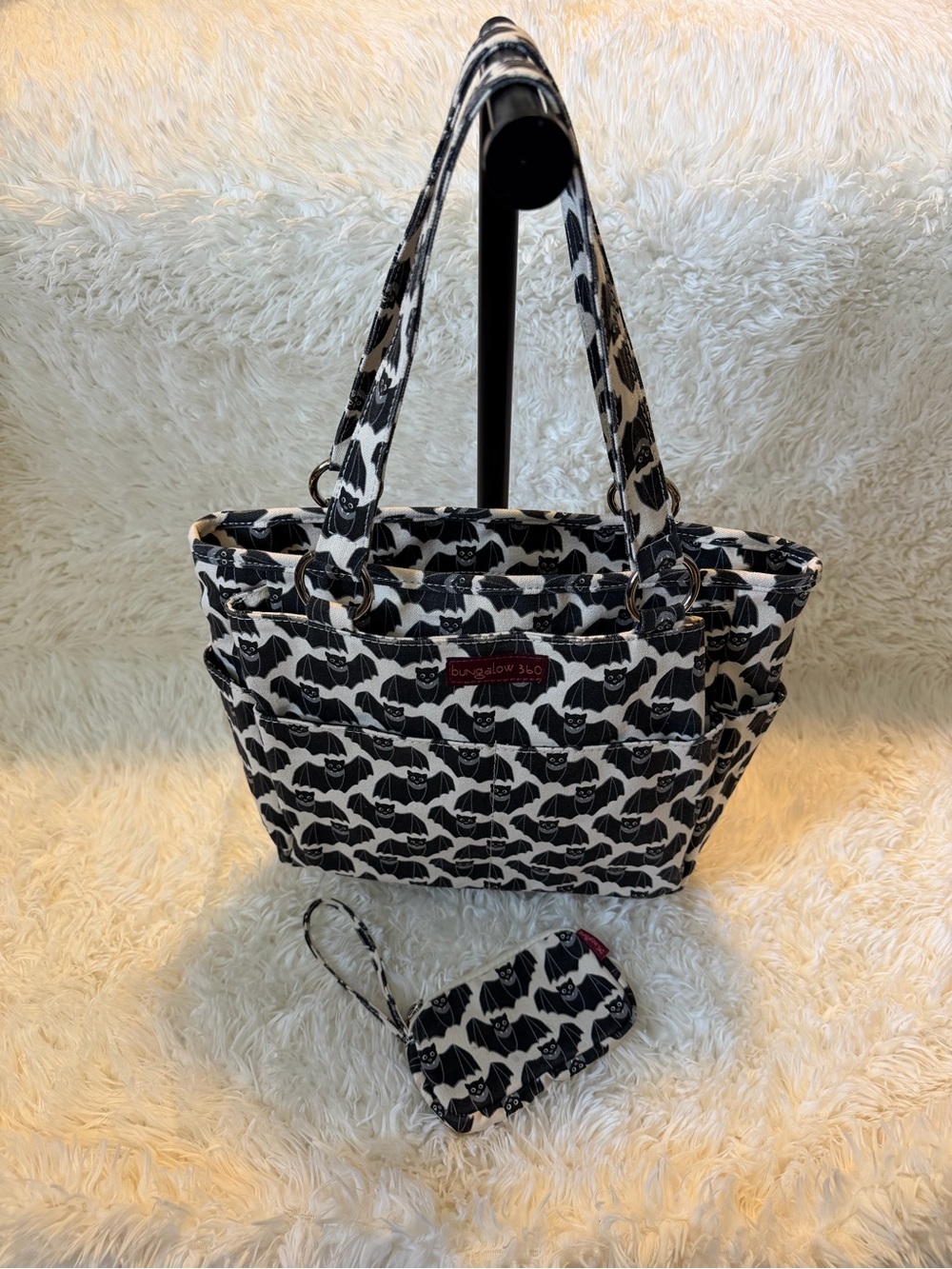 Bungalow 360 Bat/Black & White Patterned Tote with Matching Wristlet